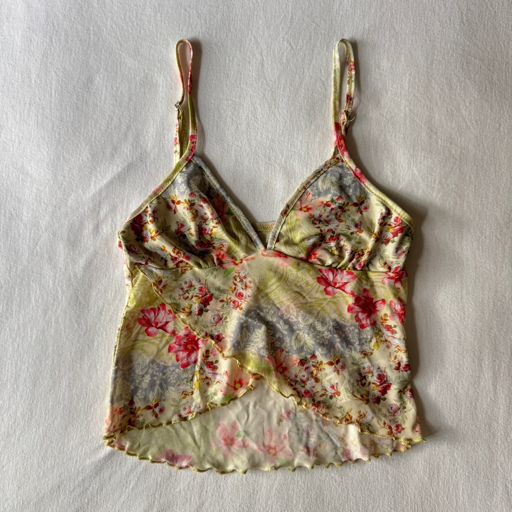 Floral Mesh Babydoll Cami Top Asymmetrical Lettuce Edge Crop Tank XS Y2K Fairy